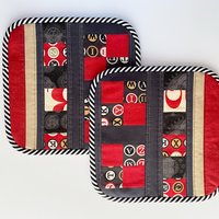 Handmade Quilted Potholder Set, Retro Typewriter Fabric, Kitchen Hot Pads