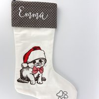 Personalized Christmas Stocking, Embroidered with Sweet Kitten and Your Choice of Name