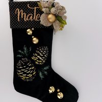 Personalized Christmas Stocking, Embroidered with Golden Pinecones and Your Choice of Name