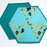 Placemats, Quilted Blue Aqua with Avocados and Dots, Perfect for Round Tables, Set of Two Hexagon-Shaped Table Mats