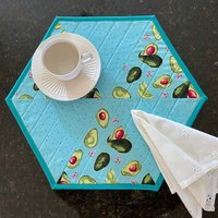Placemats, Quilted Blue Aqua with Avocados and Dots, Perfect for Round Tables, Set of Two Hexagon-Shaped Table Mats