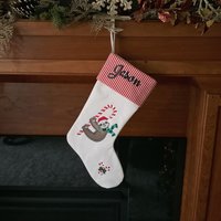 Personalized Christmas Stocking, Embroidered Sloth and Candy Cane, Handmade