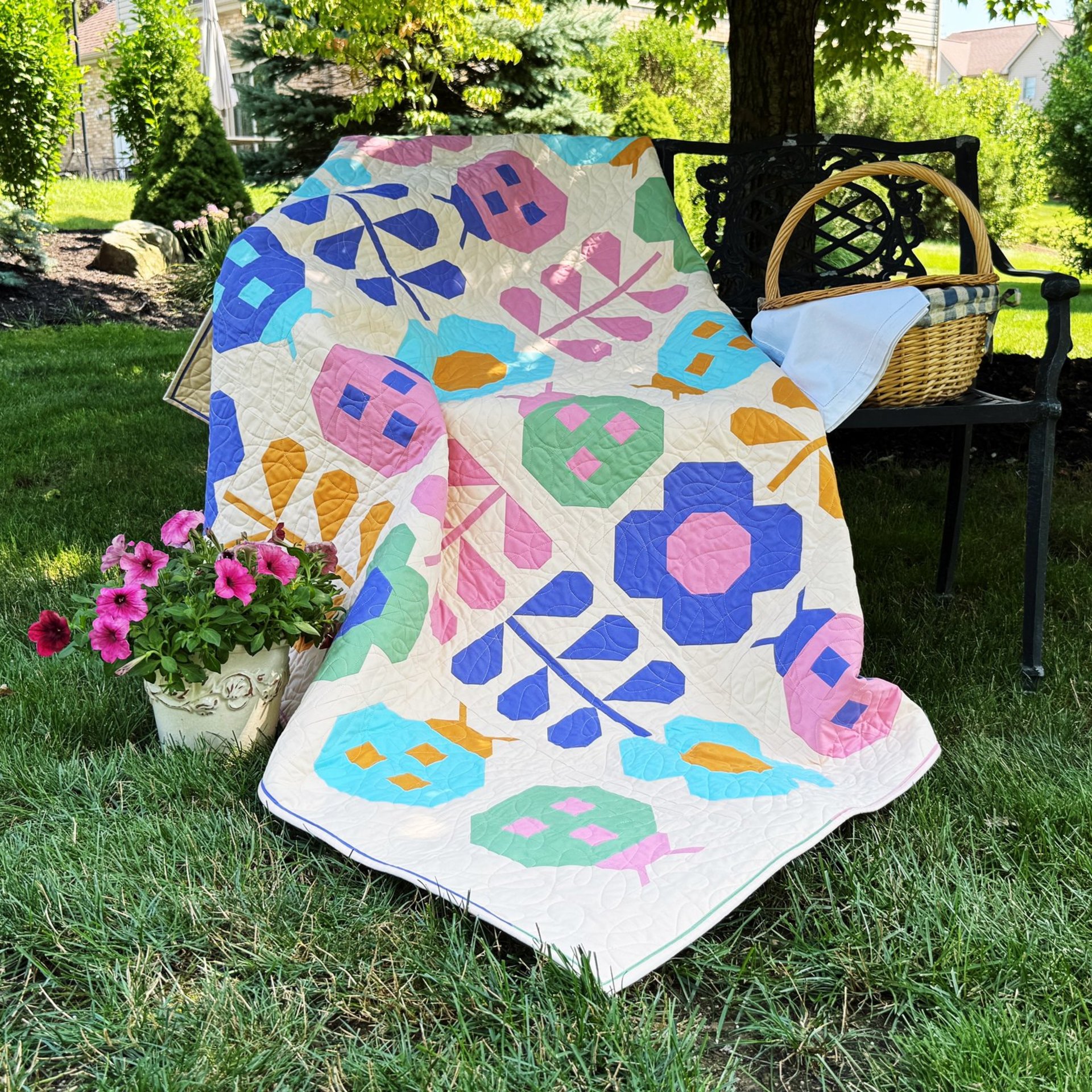 Handmade Patchwork Quilt, Flowers and Ladybugs, Modern Spring Throw, 58 X 68
