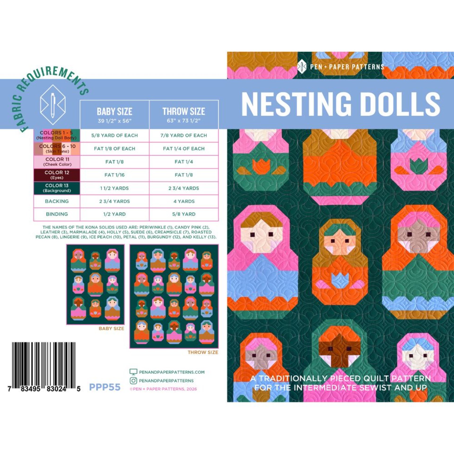 Nesting Dolls Quilt Pattern, Traditionally Pieced, Pen + Paper Patterns (Paper Pattern)