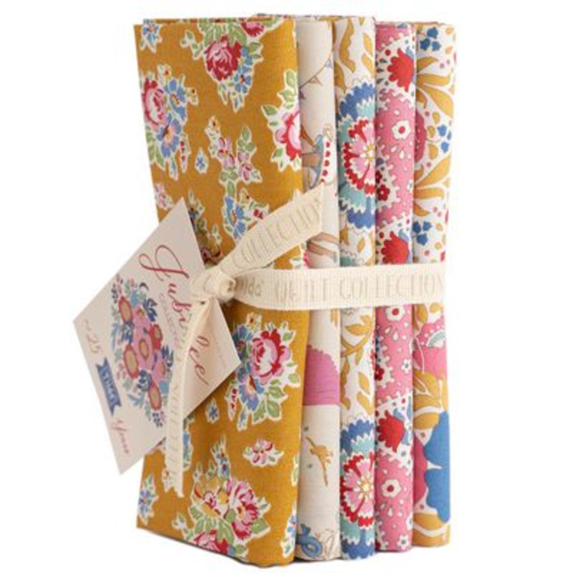 Tilda Jubilee Collection Mustard and Pink Fat Quarter Bundle, Cotton Quilting Fabric - 5 Fabrics