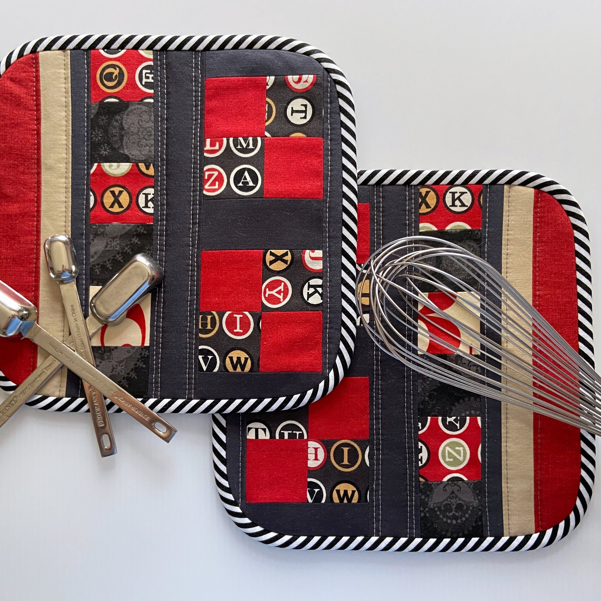 Handmade Quilted Potholder Set, Retro Typewriter Fabric, Kitchen Hot Pads