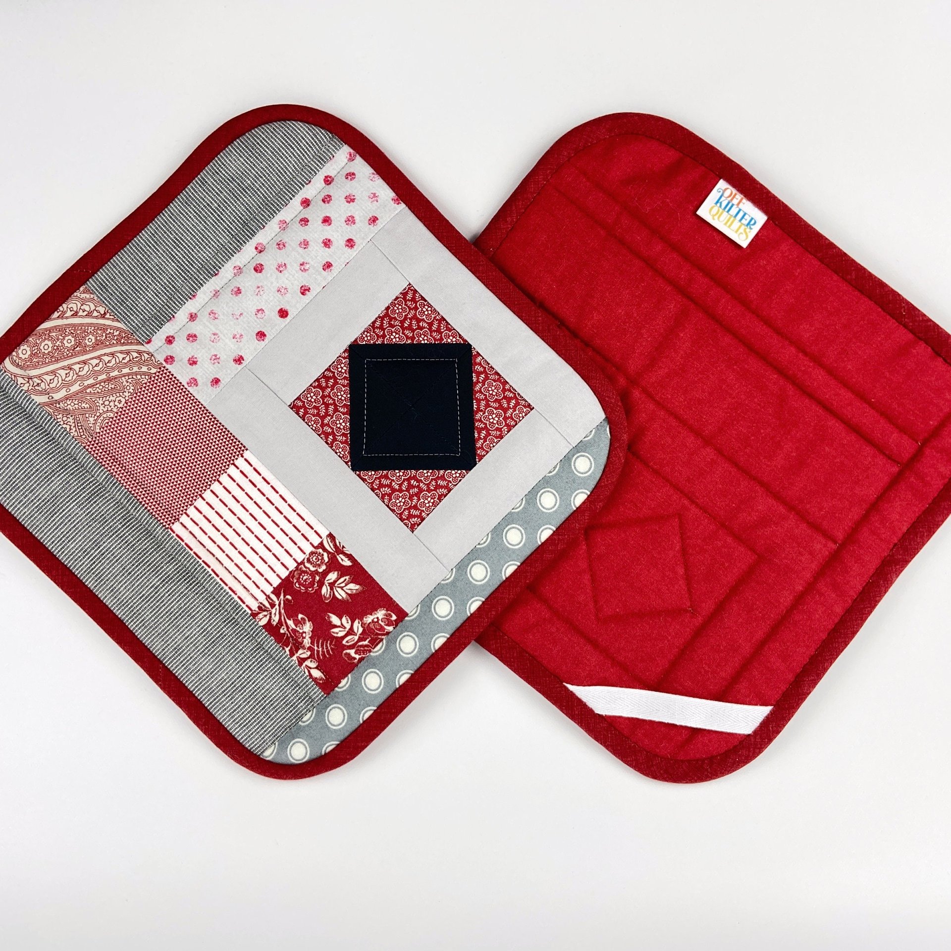 Red and Gray Quilted Potholder Set, Handmade Hot Pads