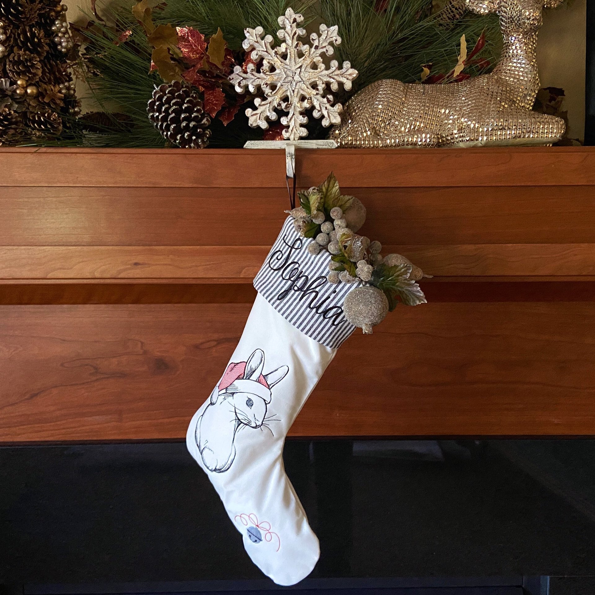 Personalized Christmas Stocking, Embroidered with Bunny and Santa Hat and Your Choice of Name