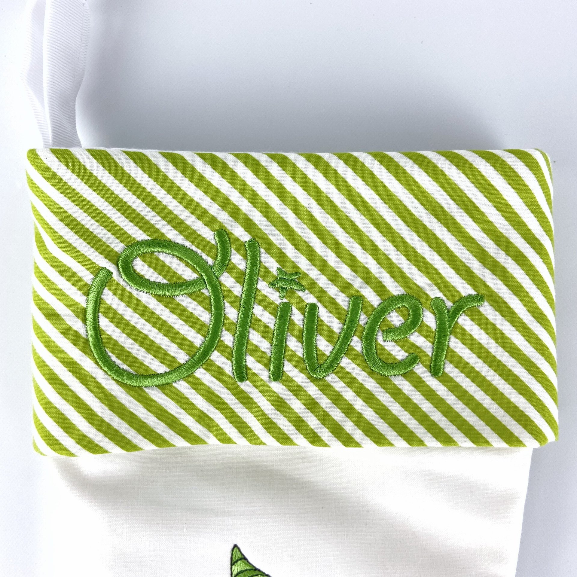 Personalized Christmas Stocking, Embroidered Elf on Bike, Handmade Cotton