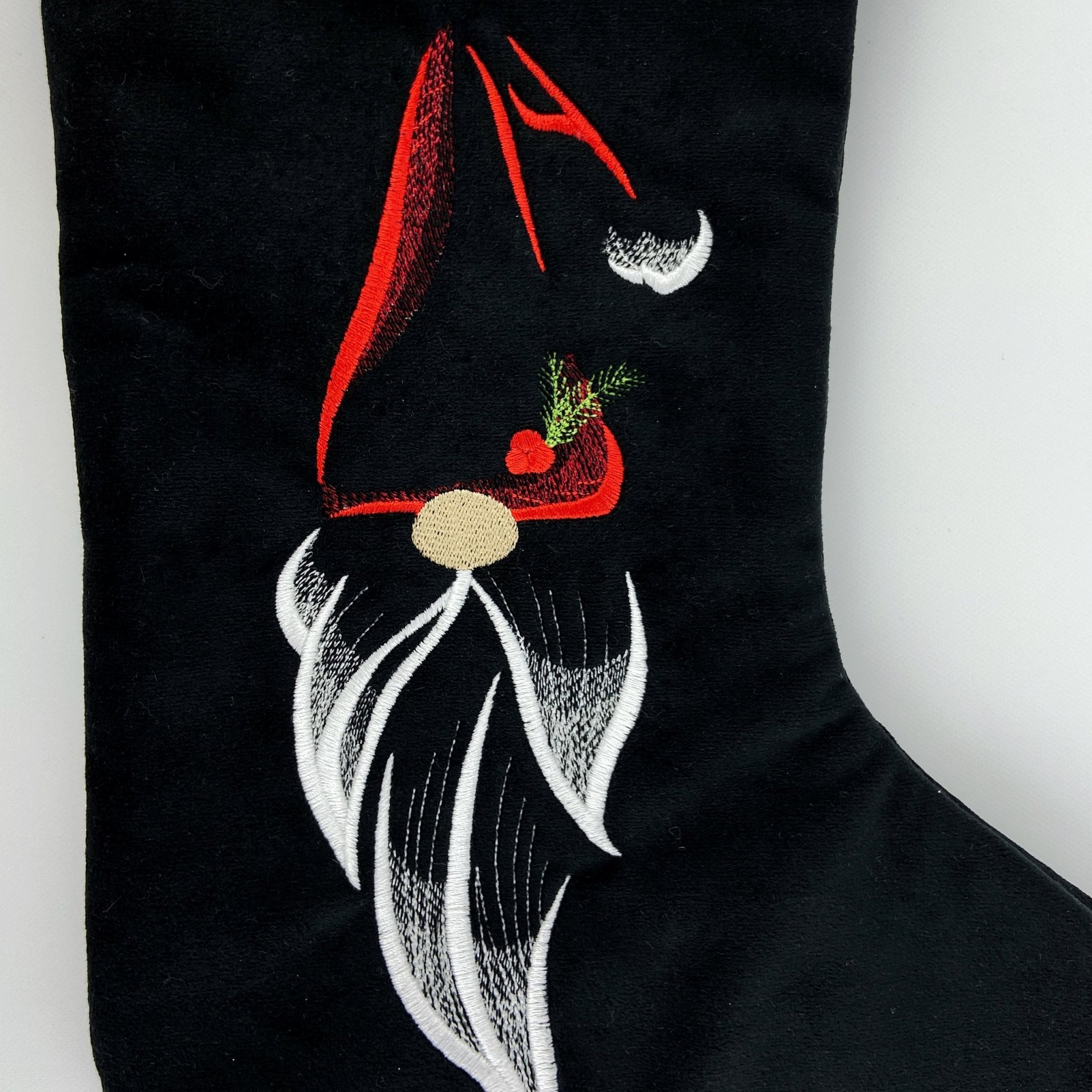 Personalized Christmas Stocking, Embroidered with Gnome in Santa Hat and Your Choice of Name