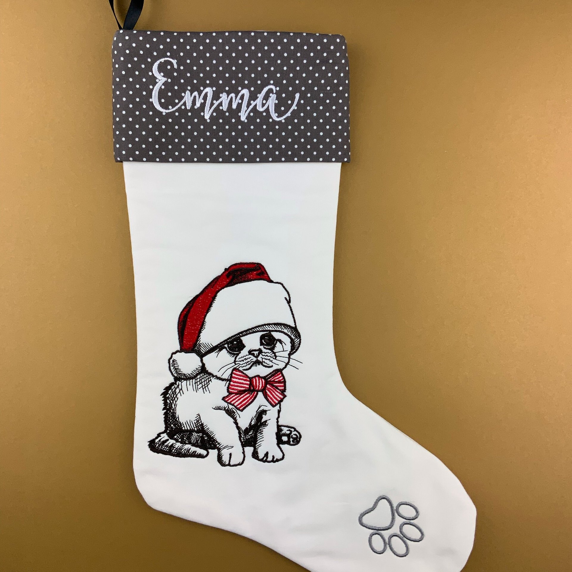 Personalized Christmas Stocking, Embroidered with Sweet Kitten and Your Choice of Name