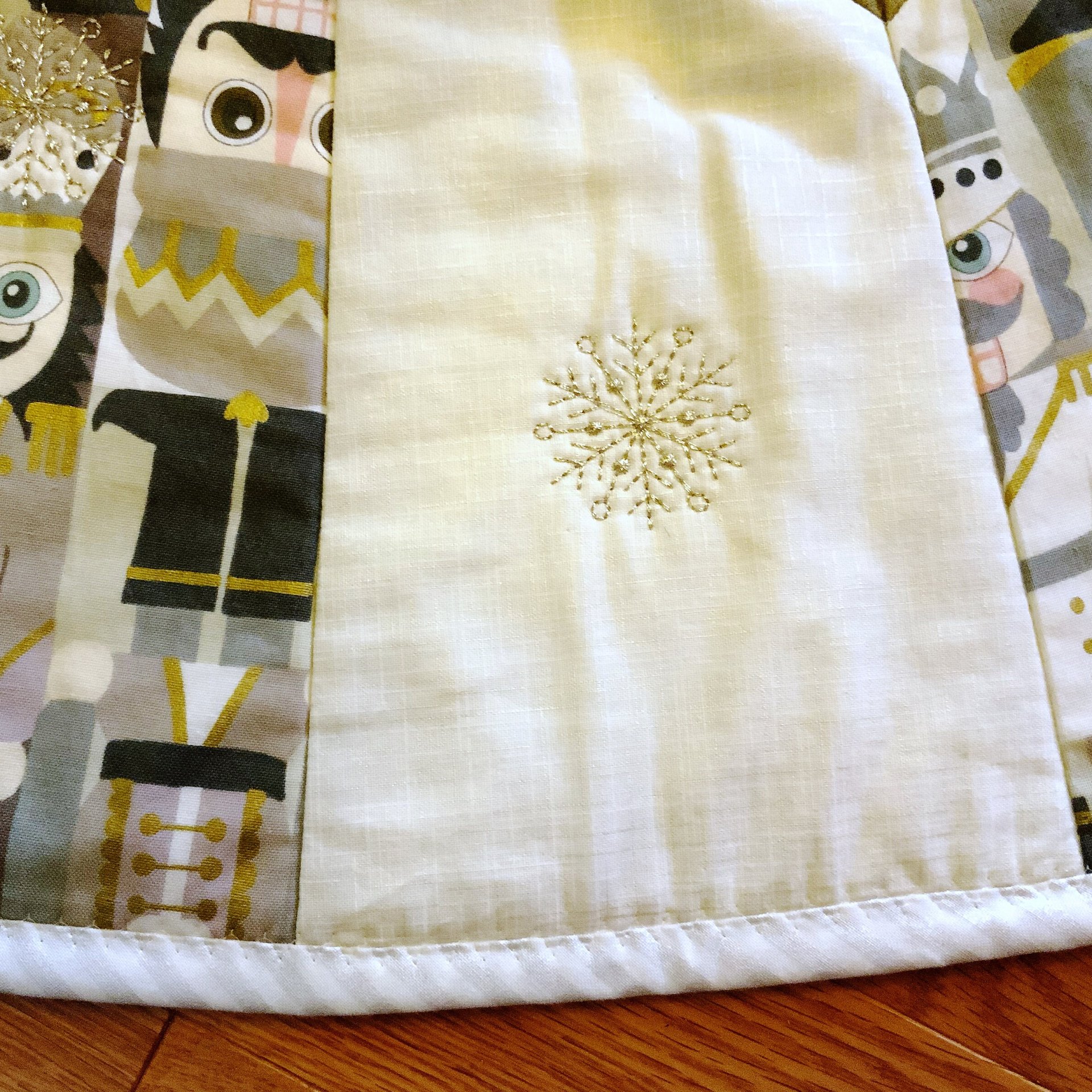Quilted Christmas Tree Skirt, Nutcracker Fabric, Gold Metallic Snowflakes, 58"
