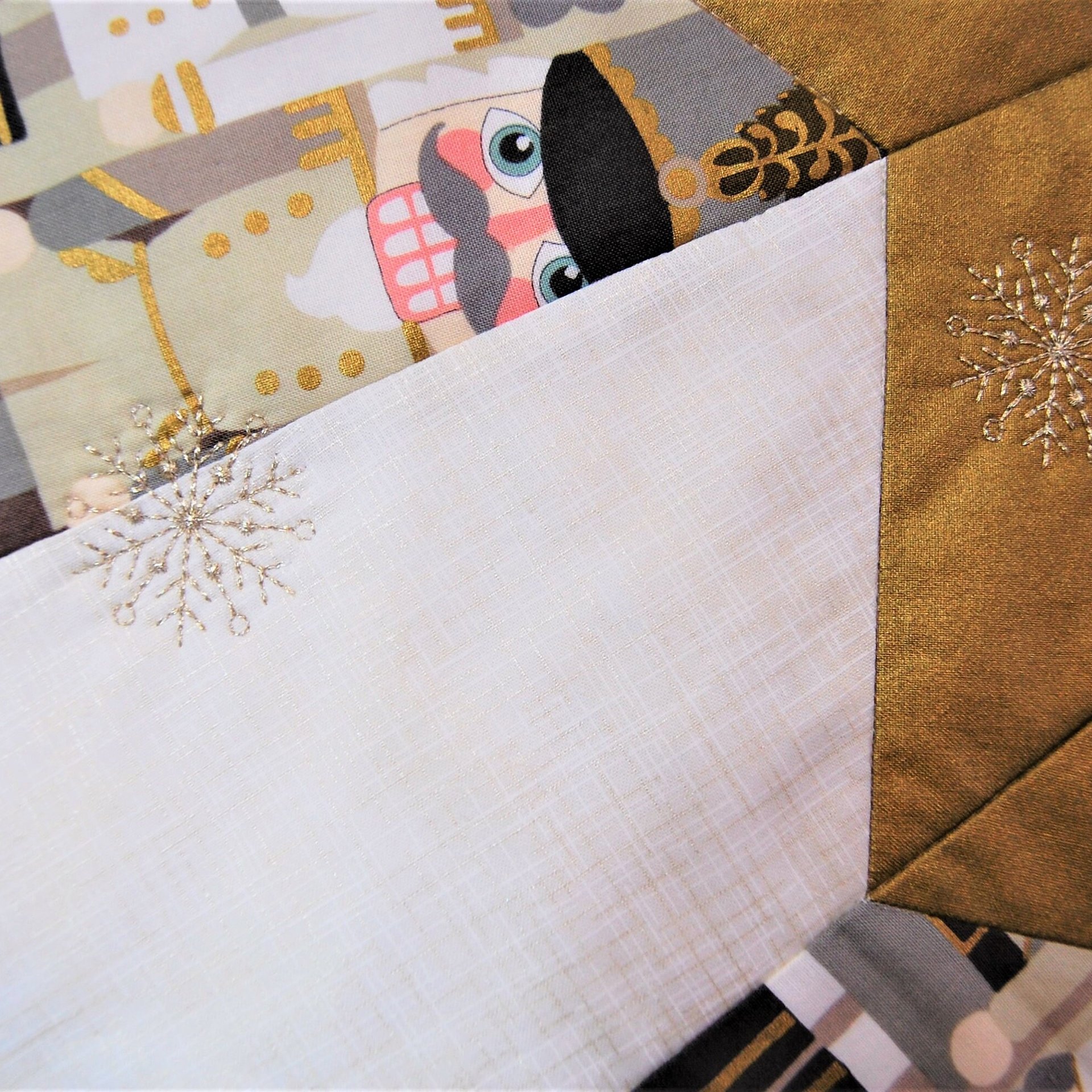 Quilted Christmas Tree Skirt, Nutcracker Fabric, Gold Metallic Snowflakes, 58"