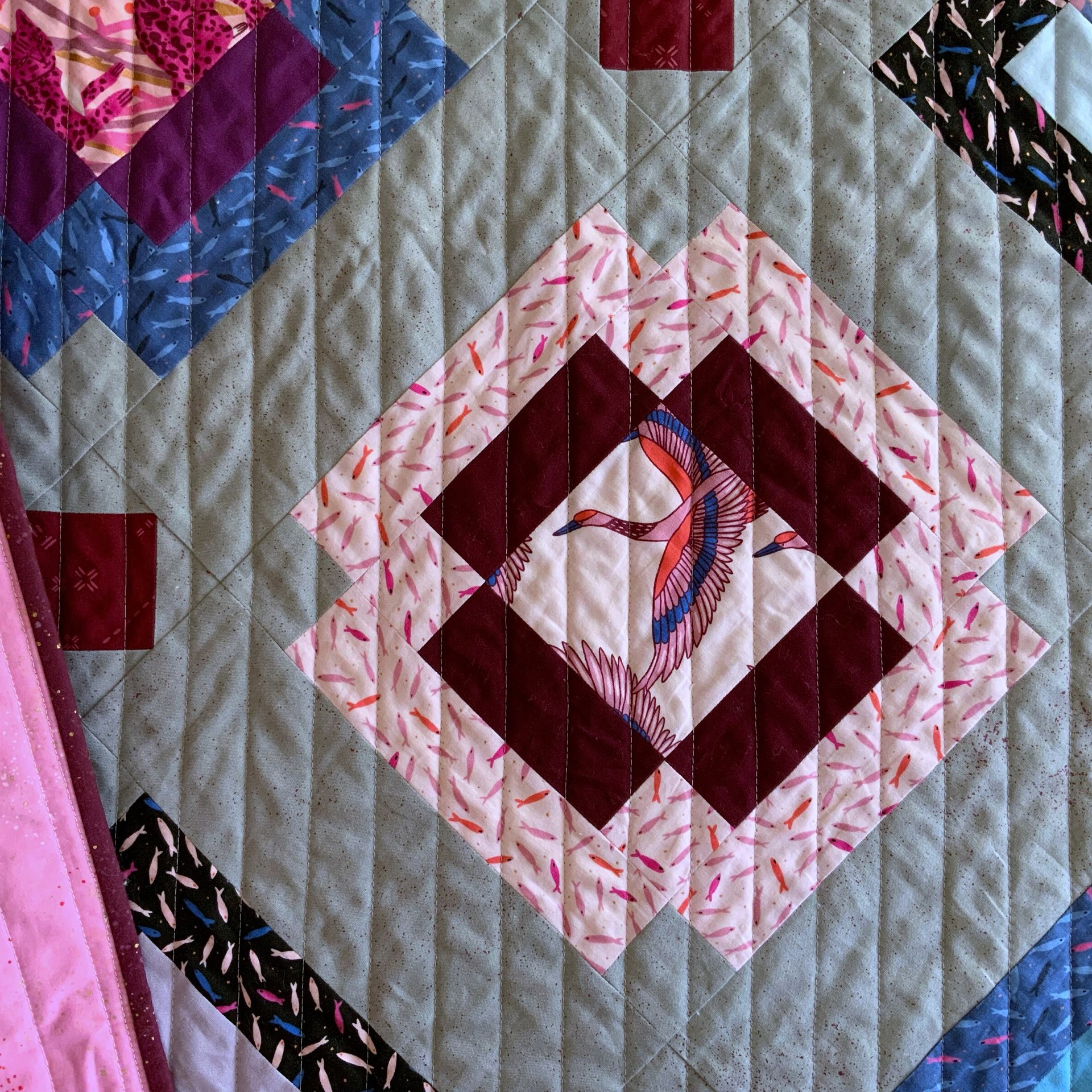 Handmade Quilt, Modern Patchwork, Vibrant Colors, Pinks and Purples, 54 X 63