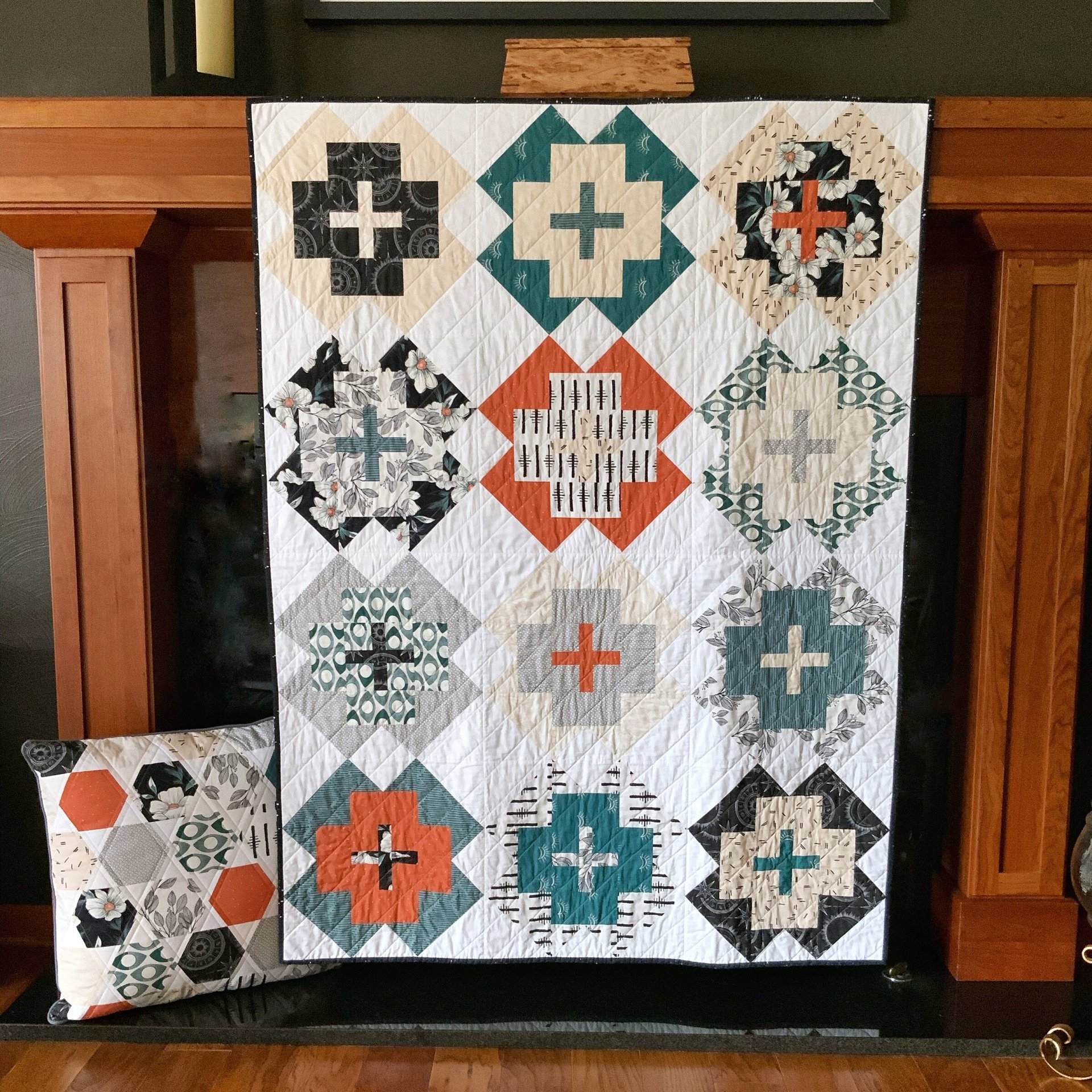 Handmade Modern Quilt and Pillow Set, Nurse's Cross Design, 44 X 58 with Large Matching Square Pillow