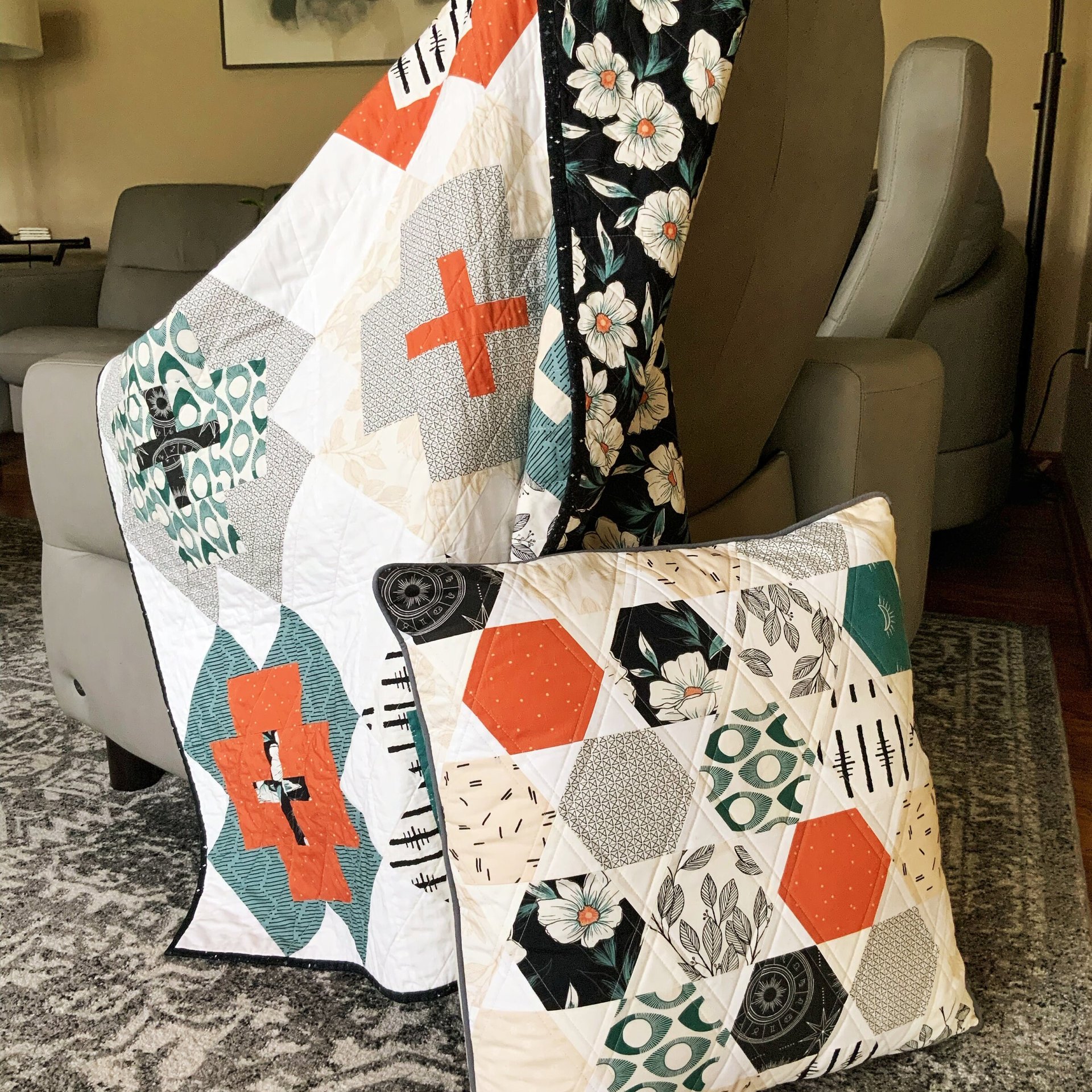 Handmade Modern Quilt and Pillow Set, Nurse's Cross Design, 44 X 58 with Large Matching Square Pillow