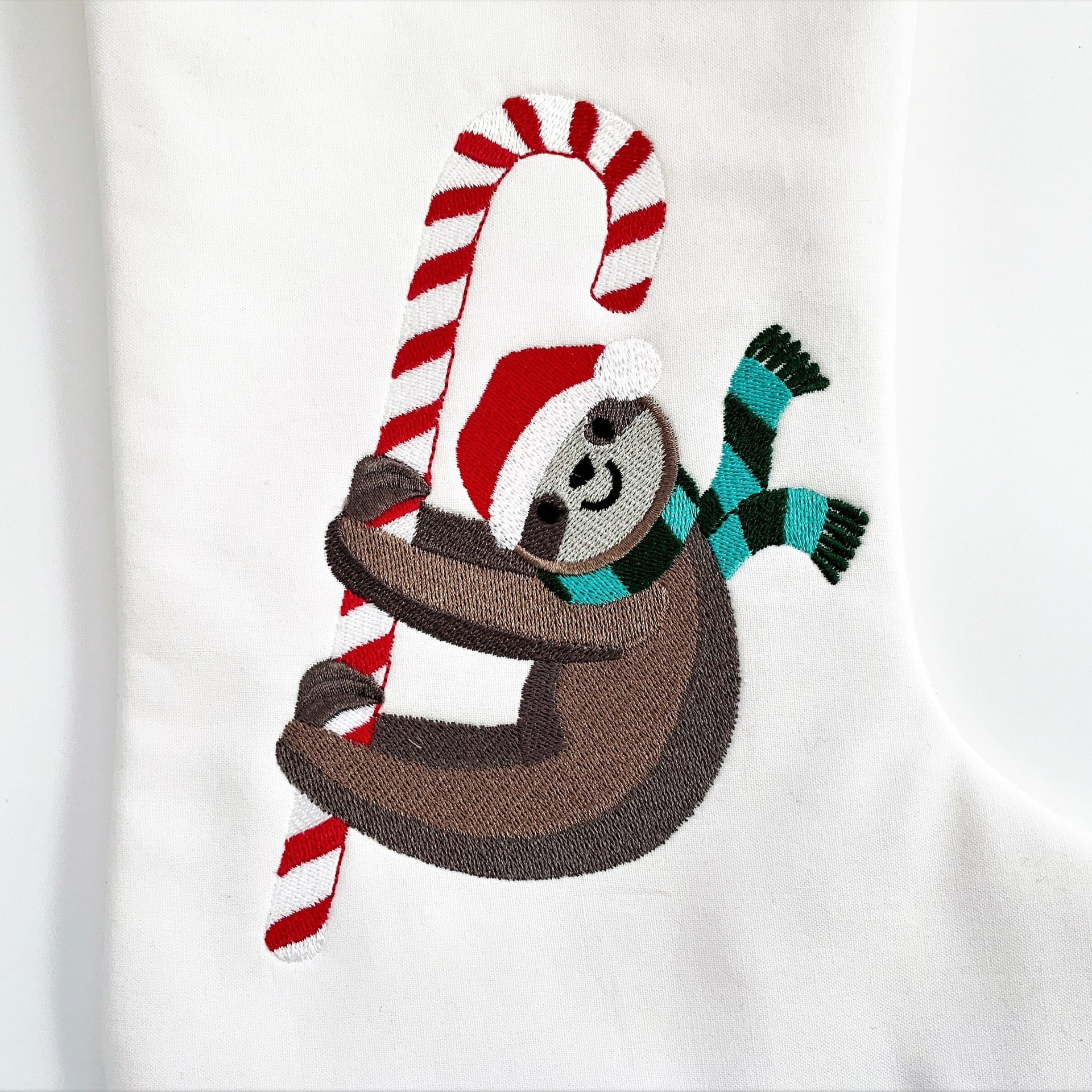 Personalized Christmas Stocking, Embroidered Sloth and Candy Cane, Handmade