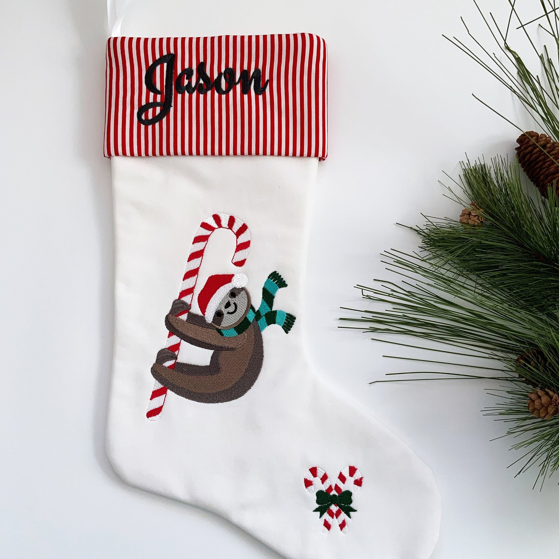 Personalized Christmas Stocking, Embroidered Sloth and Candy Cane, Handmade