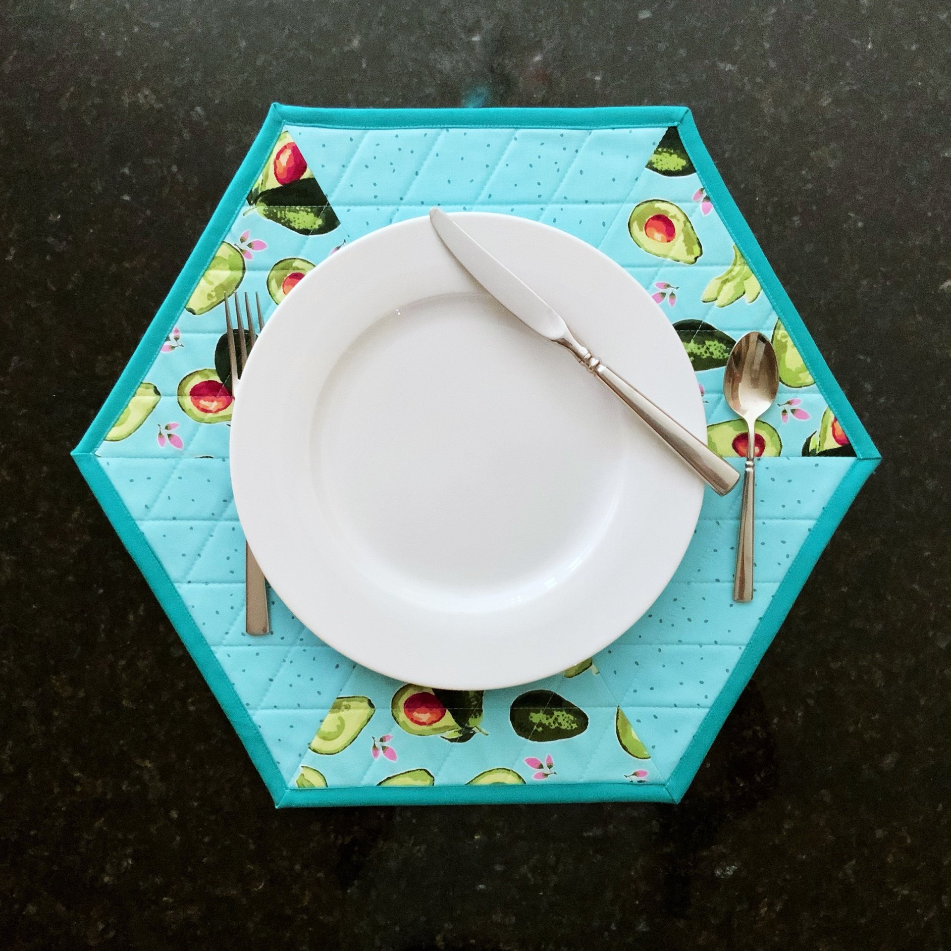 Placemats, Quilted Blue Aqua with Avocados and Dots, Perfect for Round Tables, Set of Two Hexagon-Shaped Table Mats