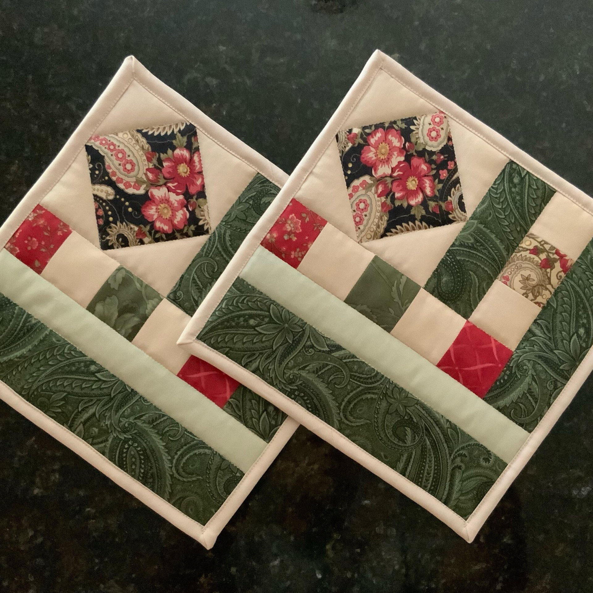 Quilted Potholders, Set of 2, Handmade Hot Pads, Green & Red Paisley