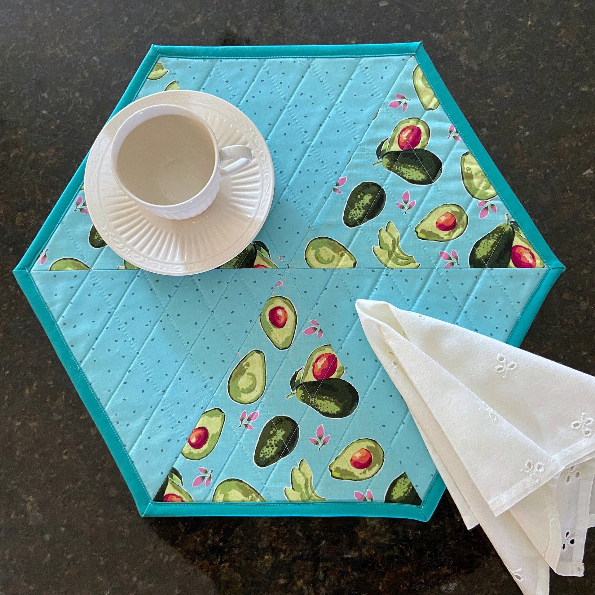 Placemats, Quilted Blue Aqua with Avocados and Dots, Perfect for Round Tables, Set of Two Hexagon-Shaped Table Mats