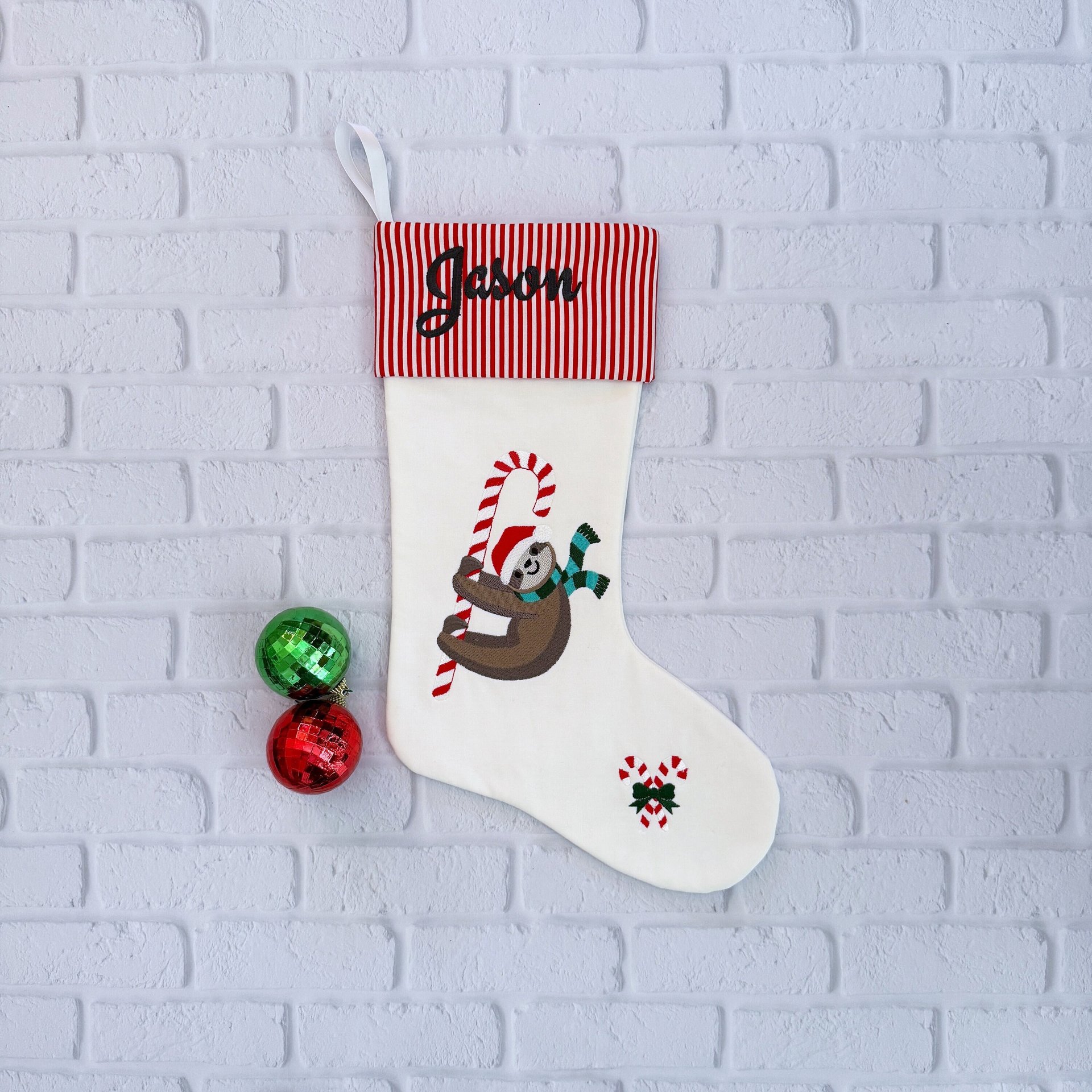 Personalized Christmas Stocking, Embroidered Sloth and Candy Cane, Handmade