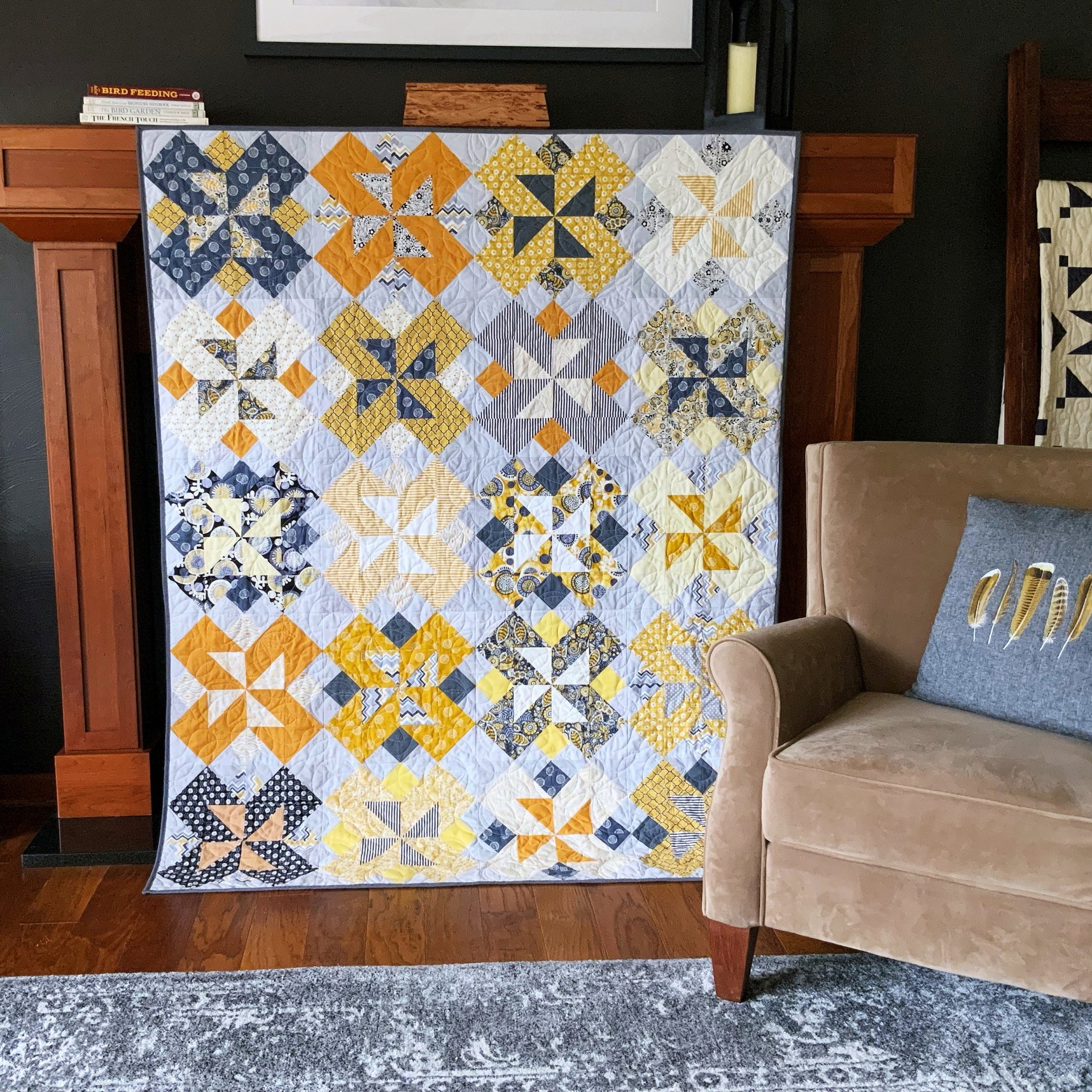 Handmade Quilt, Scrappy Modern Throw in Yellow and Gray, Gender Neutral Gift, 56 X 70