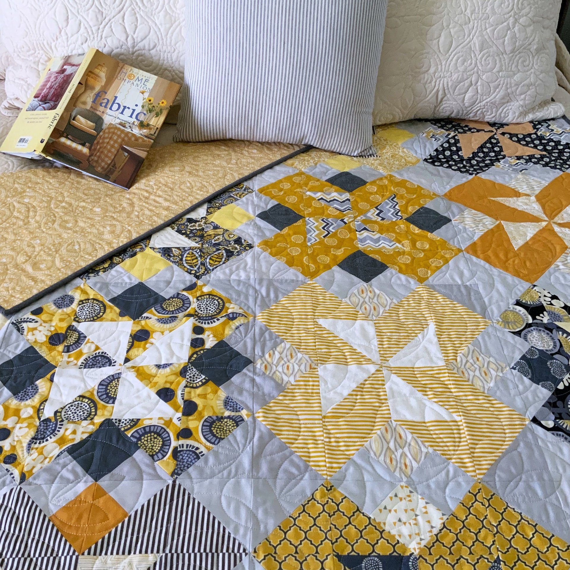 Handmade Quilt, Scrappy Modern Throw in Yellow and Gray, Gender Neutral Gift, 56 X 70