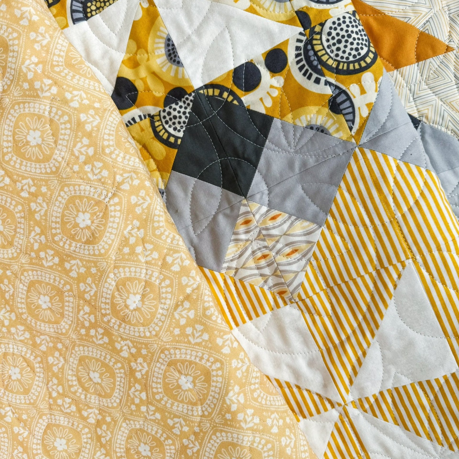 Handmade Quilt, Scrappy Modern Throw in Yellow and Gray, Gender Neutral Gift, 56 X 70