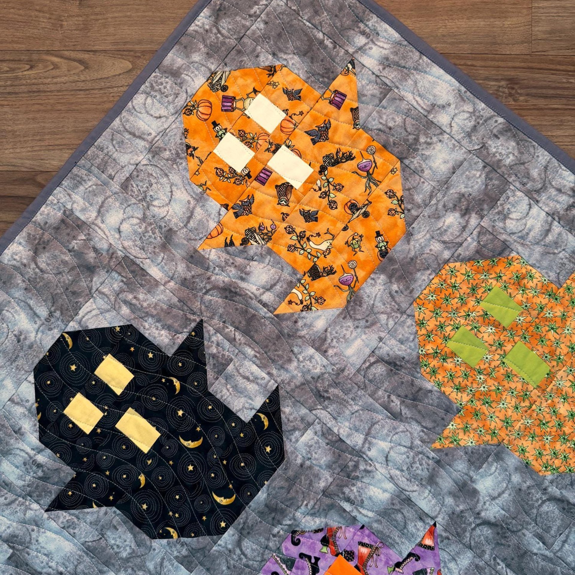 Handmade Quilt, Halloween, Modern Ghost Throw, Spooky Fall Decor, 62 X 64