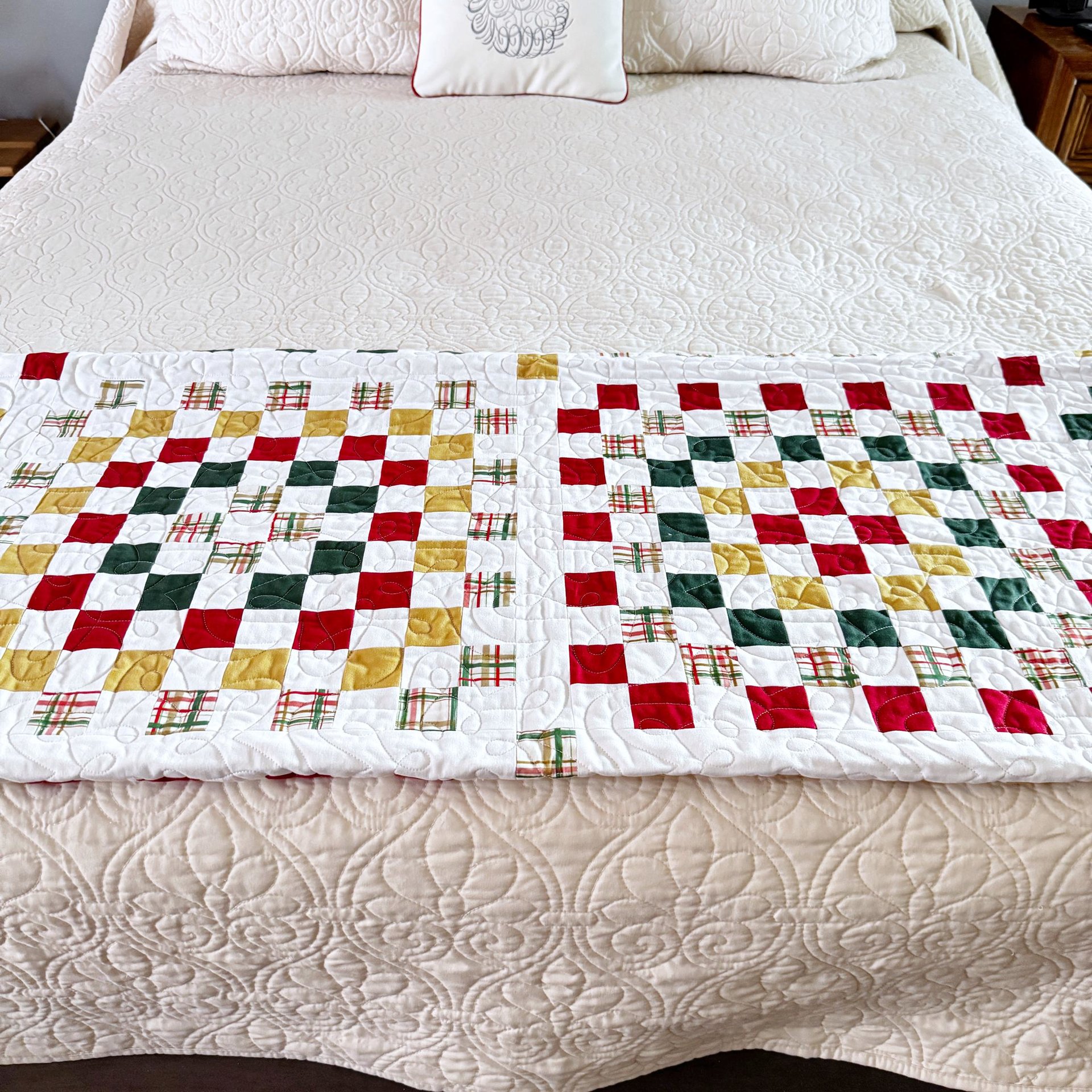 Handmade Christmas Quilt, Christmas Holiday Colors, Large Throw, 55 X 72