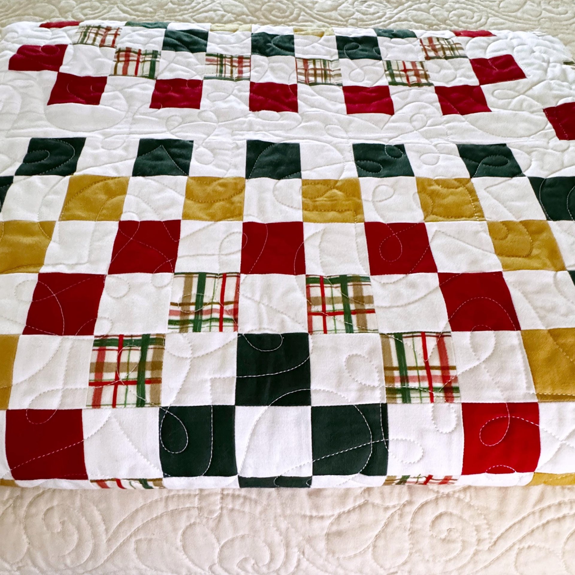 Handmade Christmas Quilt, Christmas Holiday Colors, Large Throw, 55 X 72