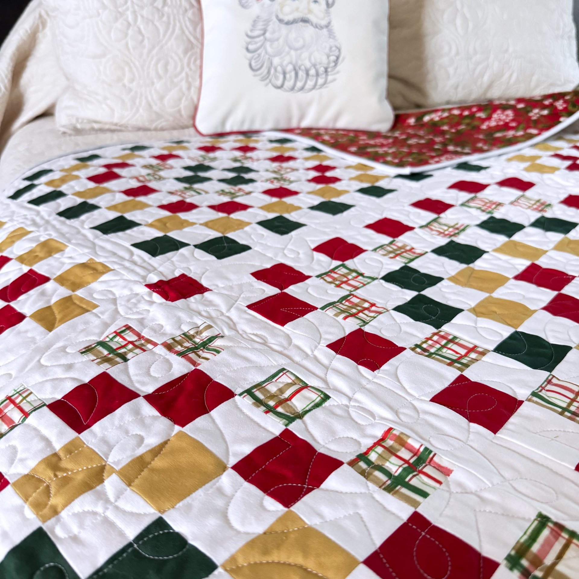 Handmade Christmas Quilt, Christmas Holiday Colors, Large Throw, 55 X 72