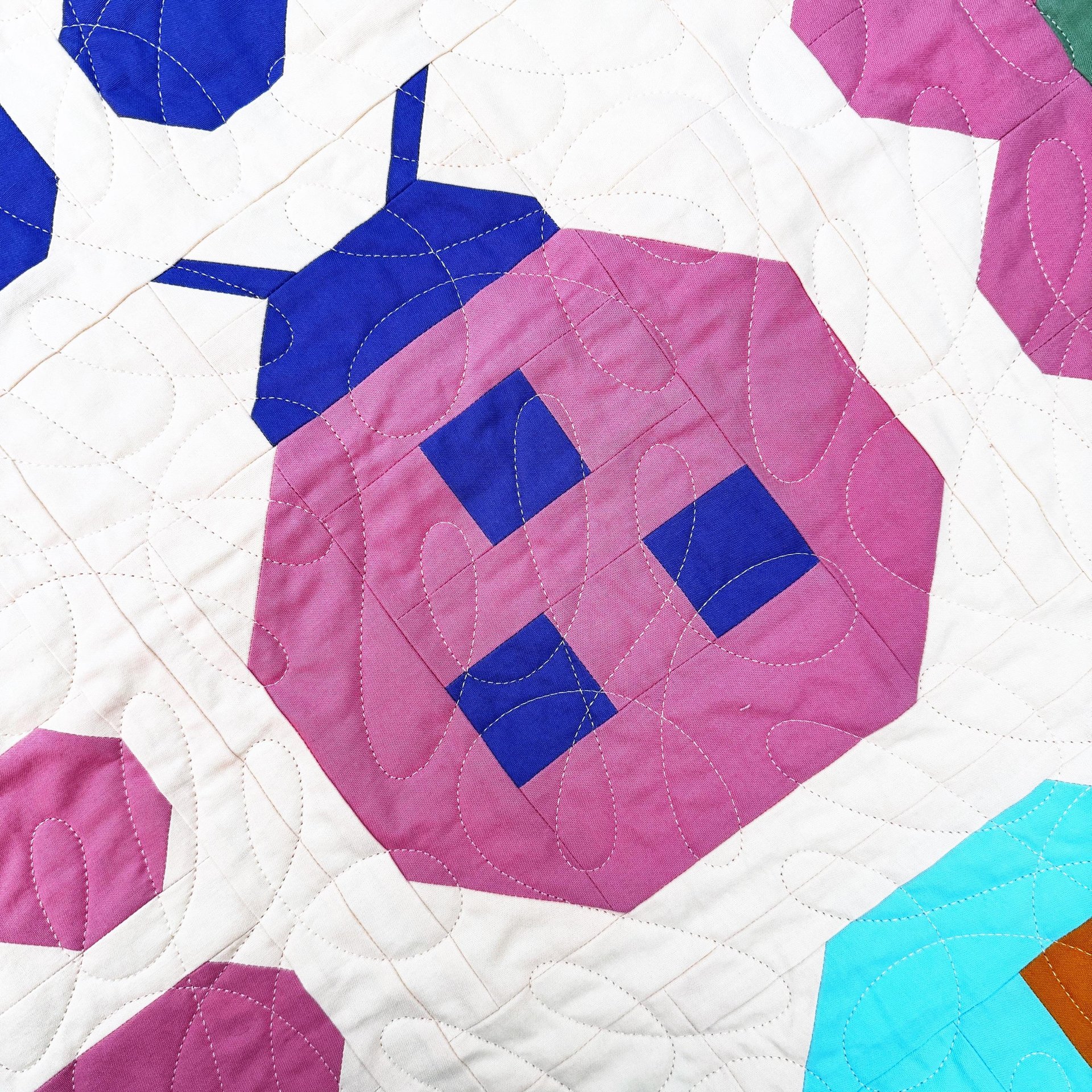 Handmade Patchwork Quilt, Flowers and Ladybugs, Modern Spring Throw, 58 X 68