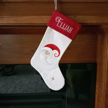 Personalized Christmas Stocking, Embroidered Santa Moon and Star