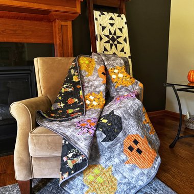 Handmade Quilt, Halloween, Modern Ghost Throw, Spooky Fall Decor, 62 X 64